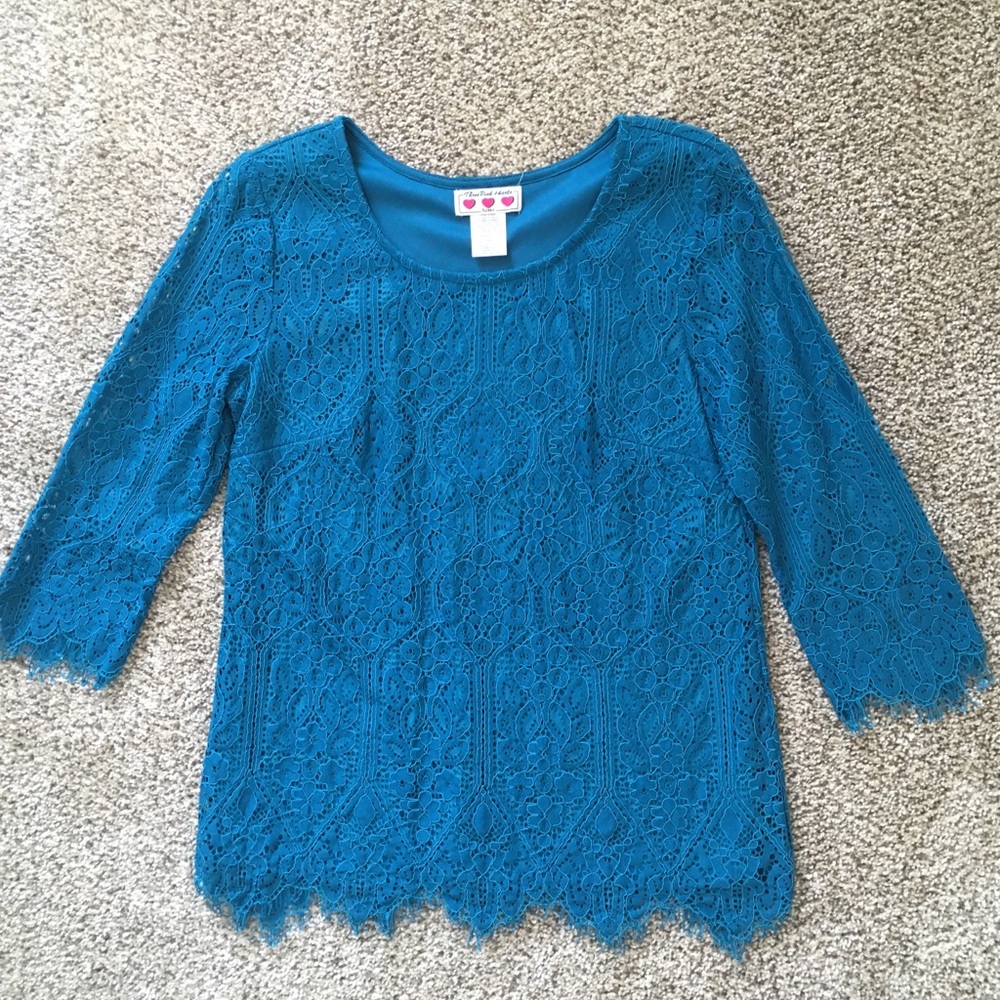 Juniors Dressy Teal Lined Lace Top 3/4 Sleeves XS